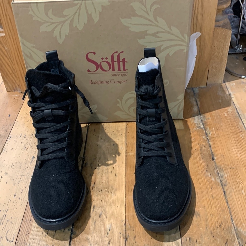 Landee stretch fabric lace up ankle boot. New. By Sofft. Grip sole. Comfy!